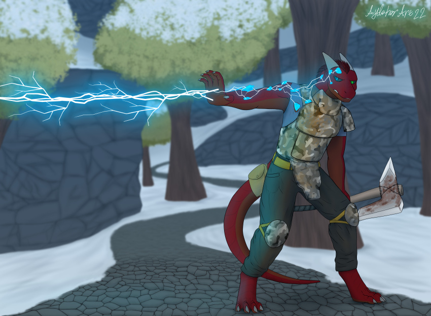 absurd_res anthro armor axe aydaharart blue_crystal bottomwear claws clothing crystal detailed_background dragon electricity fabric forest forest_background galem hair hi_res horn lightning magic magic_user male melee_weapon military_clothing mythological_creature mythological_scalie mythology nature nature_background pants path path_lines plant polearm red_body red_hair red_scales red_skin rock scales scalie solo spear tail tree weapon