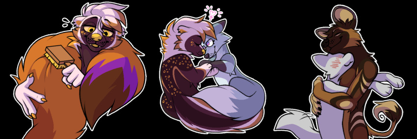 african_wild_dog ambiguous_gender anthro arjo blush brush brushing_tail canid canine ceol_(ceolthefox) cuddling female fetishame fox group hug mammal marigold mephitid personal_grooming skunk sticker