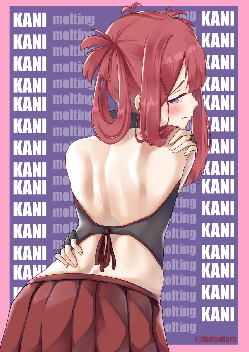 arthropod_girl artist_name atelier_live back character_name crab_girl english_commentary female fingerless_gloves from_behind gloves hair_rings highres kani_kanizawa purple_eyes red_hair red_skirt skirt solo tsutaro_(tsu_taro) virtual_youtuber