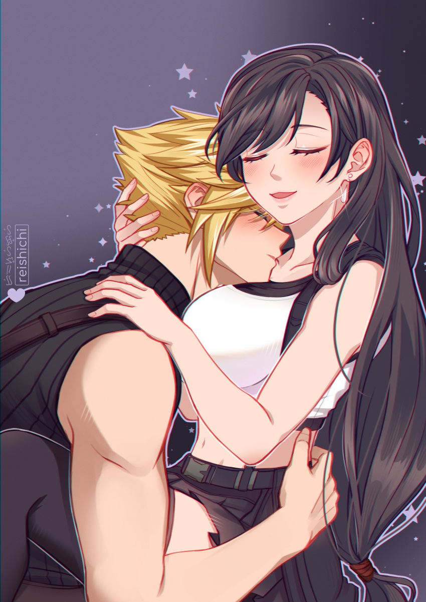 1boy absurdres bare_arms bare_shoulders black_hair black_skirt black_thighhighs blonde_hair blush breasts cloud_strife collarbone commentary couple crop_top ear_blush earrings feet_out_of_frame female final_fantasy final_fantasy_vii final_fantasy_vii_rebirth final_fantasy_vii_remake from_side glint hair_behind_ear hand_on_another's_head hand_on_another's_shoulder head_on_chest highres hug jewelry large_breasts long_hair low-tied_long_hair midriff miniskirt navel open_mouth profile reishichi ribbed_sweater single_earring skirt sleeveless sleeveless_turtleneck spiked_hair star_(symbol) suspender_skirt suspenders sweatdrop sweater symbol-only_commentary tank_top thighhighs tifa_lockhart turtleneck turtleneck_sweater upper_body very_long_hair white_tank_top