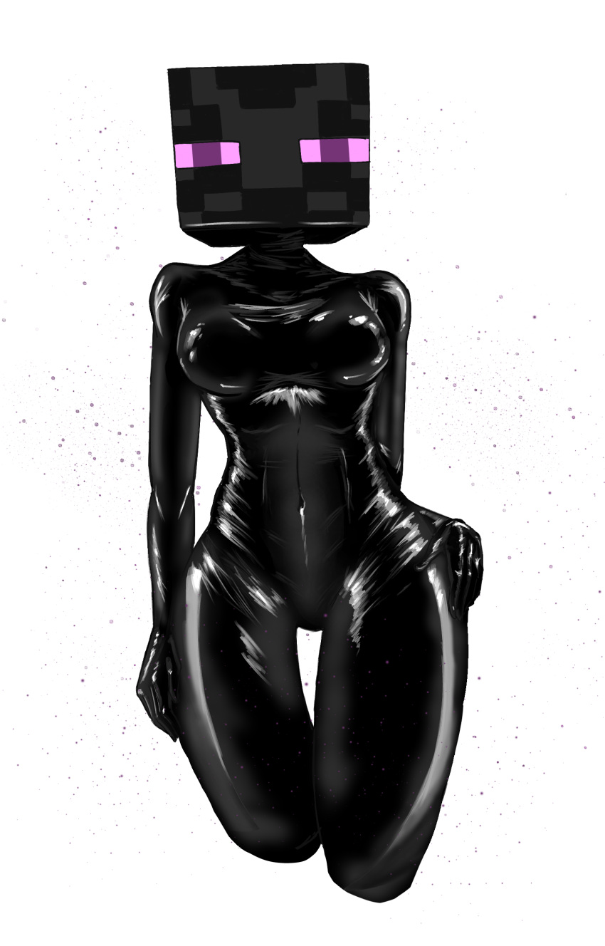 absurdres black_bodysuit bodysuit breasts enderman female highres latex latex_bodysuit medium_breasts minecraft navel schonv solo white_background