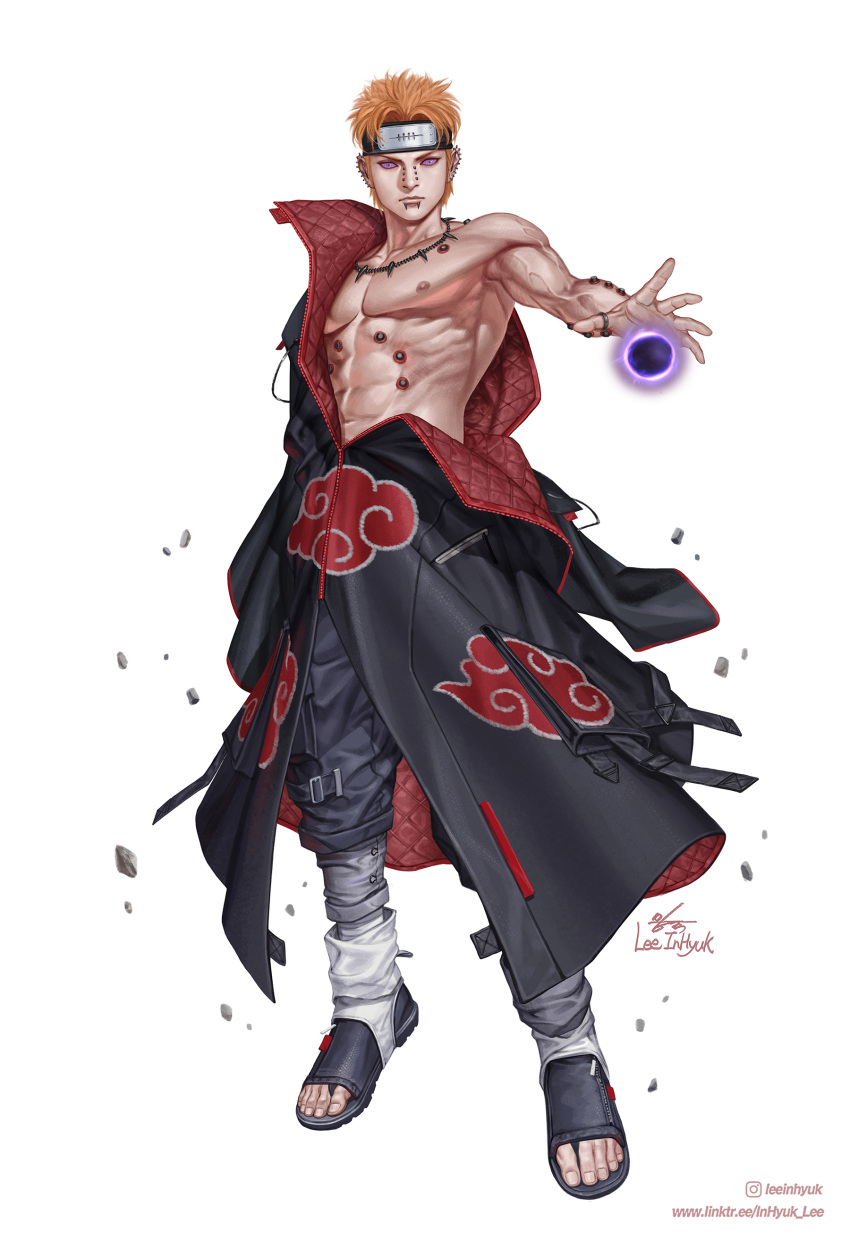 1boy abs absurdres akatsuki_uniform amegakure_symbol black_coat black_pants coat ear_piercing forehead_protector full_body highres in-hyuk_lee jewelry male_focus multiple_piercings muscular muscular_male naruto_(series) naruto_shippuuden necklace nipples nose_piercing orange_hair pain_(naruto) pants piercing ring rinnegan sandals short_hair solo standing toeless_footwear veins veiny_arms white_background