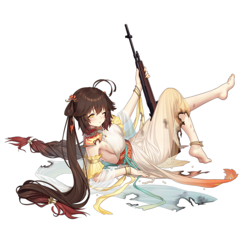 anklet antenna_hair armlet artist_request barefoot battle_rifle bracelet breasts brown_hair burnt_clothes chinese_clothes colored_tips detached_collar dress feet female flower full_body gem girls'_frontline gradient_clothes gradient_dress gun hair_flower hair_ornament highres holding holding_gun holding_weapon jewelry large_breasts layered_dress long_hair lying m14 m14_(girls'_frontline) m14_(swirling_with_the_clouds)_(girls'_frontline) multicolored_hair necklace official_alternate_costume official_art on_back one_eye_closed orange_dress pearl_(gemstone) red_hair rifle see-through_clothes see-through_shawl shawl sideboob simple_background sleeveless sleeveless_dress soles solo third-party_source toenails toes transparent_background very_long_hair weapon white_dress yellow_eyes yellow_nails