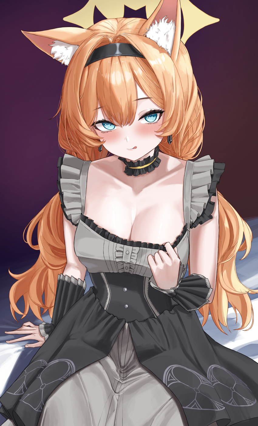 :q absurdres animal_ear_fluff animal_ears black_choker black_dress black_hair black_hat blue_archive blue_eyes breasts choker cleavage commentary_request dress earrings female frilled_choker frills hair_between_eyes hat highres jewelry long_hair looking_at_viewer low_twintails mari_(blue_archive) mari_(idol)_(blue_archive) medium_breasts megaonefreak official_alternate_costume solo tongue tongue_out twintails wrist_cuffs