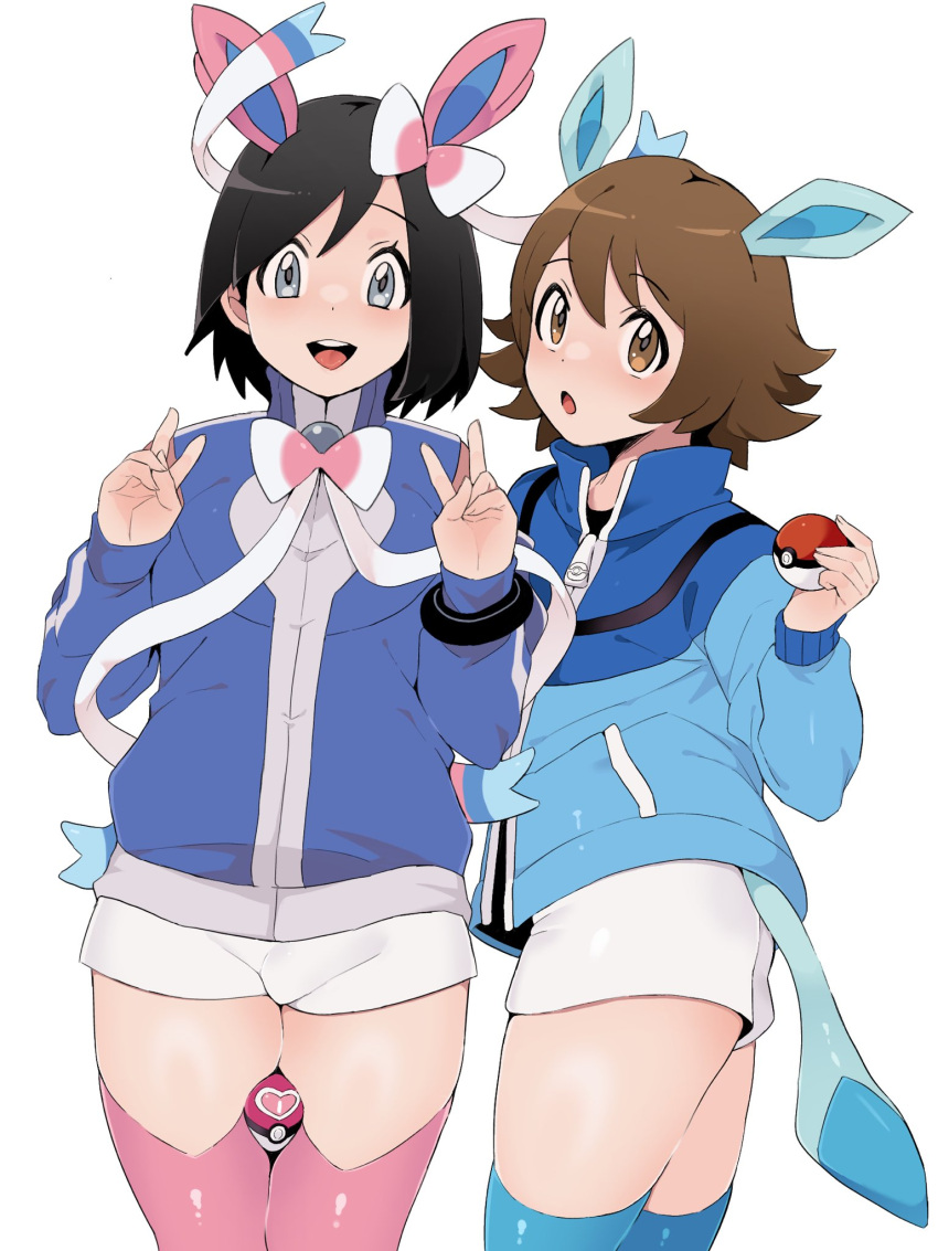 2boys :o black_hair blue_jacket blue_thighhighs bracelet brown_eyes brown_hair calem_(pokemon) commentary_request double_v eyelashes glaceon grey_eyes hands_up highres hilbert_(pokemon) holding holding_poke_ball jacket jewelry love_ball male_focus multiple_boys open_mouth pink_thighhighs poke_ball poke_ball_(basic) pokemon pokemon_bw pokemon_xy sana_(37pisana) short_hair shorts smile sylveon teeth thighhighs tongue turtleneck turtleneck_jacket upper_teeth_only v white_background white_shorts zipper_pull_tab