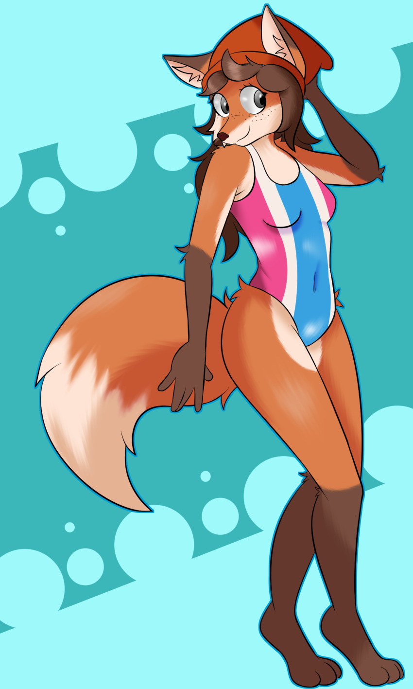 anthro beanie brown_body brown_fur canid canine clothing cybeeyoru female fox freckles fur hat headgear headwear hi_res mammal one-piece_swimsuit orange_body orange_fur red_fox solo swimwear true_fox