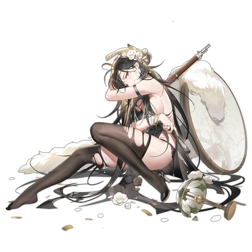 arm_under_breasts armband bahao_diqiu black_armband black_dress black_footwear black_hair black_thighhighs bracelet breasts broken brown_eyes china_dress chinese_clothes cleavage confetti desk_lamp dress earrings feather_hair_ornament feathers female floral_print_dress flower folding_fan full_body fur_shawl garter_belt garter_straps general_liu_(beauty_in_the_east)_(girls'_frontline) general_liu_(girls'_frontline) general_liu_rifle girls'_frontline hair_flower hair_ornament hand_fan high_heels highres holding holding_fan jewelry lamp large_breasts light_smile long_hair mole mole_under_eye multiple_rings necklace official_alternate_costume official_art one_eye_closed pearl_bracelet pearl_necklace petals ring rose shawl shoes sideboob simple_background single_shoe sitting solo table thighhighs third-party_source torn_clothes torn_dress torn_thighhighs transparent_background very_long_hair waist_tassel white_flower white_rose