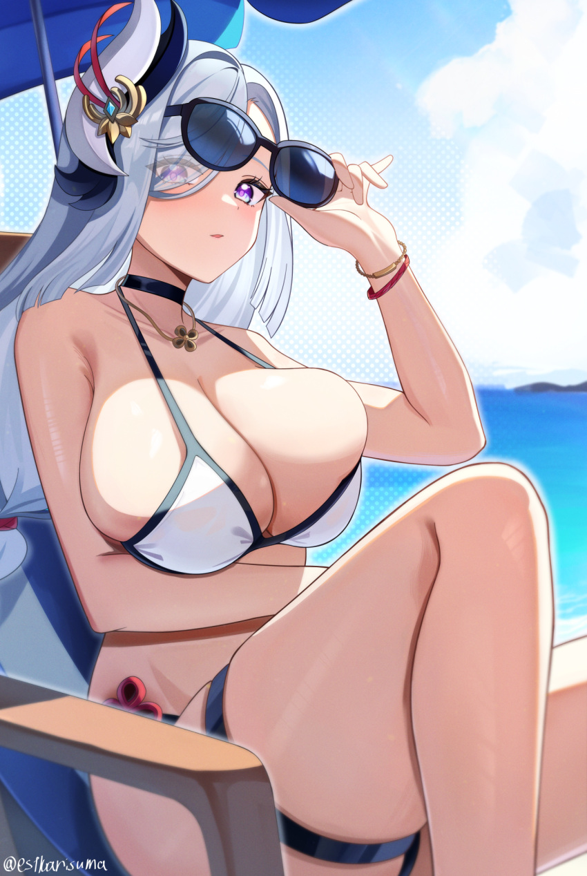 beach_chair beach_umbrella bikini black_choker blue_hair blue_sky breasts choker cleavage closed_mouth cloud collarbone day eyes_visible_through_hair female genshin_impact hair_ornament highres horizon kanno_esuto large_breasts long_hair looking_at_viewer ocean outdoors purple_eyes shenhe_(genshin_impact) sitting sky solo sunglasses swimsuit thigh_strap thighs umbrella very_long_hair white_bikini