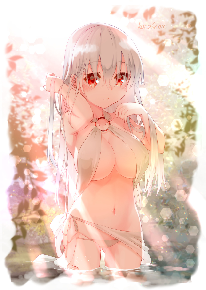 artist_name ass_visible_through_thighs backlighting bad_id bad_pixiv_id bare_shoulders bikini blurry blurry_background blush breasts center_opening cleavage closed_mouth collarbone commentary_request cowboy_shot female groin hair_between_eyes hand_in_own_hair hands_up highres kana_ami lens_flare light_rays long_hair looking_at_viewer midriff navel o-ring o-ring_bikini oppai_loli original red_eyes sarong sidelocks skindentation standing sunbeam sunlight swimsuit wading water white_bikini white_hair white_sarong