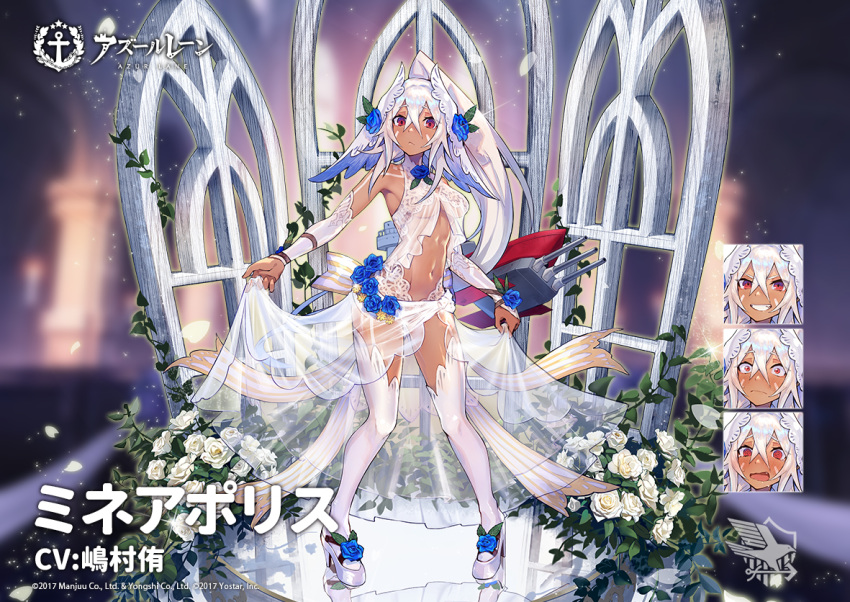 azur_lane bare_shoulders blue_flower blurry blurry_background blush bodypaint breasts closed_mouth commentary_request dark-skinned_female dark_skin dress eagle_union_(emblem) elbow_gloves facepaint facial_mark female flower full_body gloves gradient_background hair_between_eyes hair_ornament large_breasts lifting_own_clothes long_hair looking_at_viewer looking_down mephisto_(angraecum) minneapolis_(azur_lane) minneapolis_(trapper_white)_(azur_lane) navel official_alternate_costume official_art ponytail red_eyes revealing_clothes second-party_source sleeveless sleeveless_dress solo thighhighs translated wedding_dress white_dress white_gloves white_hair white_thighhighs