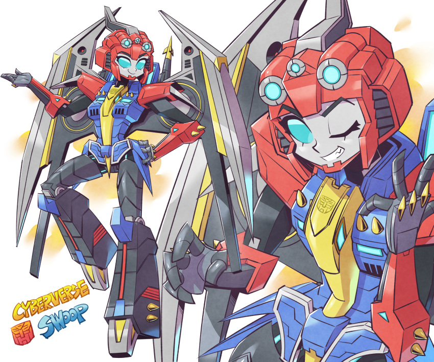 autobot blue_eyes character_name female hand_on_own_hip highres looking_at_viewer mecha mechanical_wings multiple_views one_eye_closed open_hand robot science_fiction smile sunafuki_tabito swoop_(transformers) transformers transformers_cyberverse v-shaped_eyebrows wings