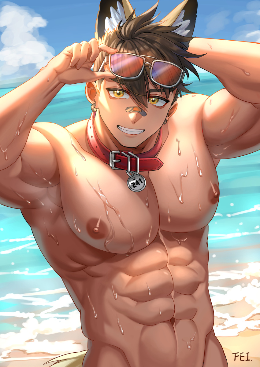 1boy abs absurdres animal_collar animal_ears bara beach black_hair cloud collar completely_nude cowboy_shot day earrings eyewear_on_head feiken_631 fox_boy fox_ears fox_tail highres indie_virtual_youtuber inukai_seiji jewelry large_pectorals looking_at_viewer male_focus muscular muscular_male navel nipples nude out-of-frame_censoring outdoors pectorals short_hair sky smile solo sunglasses tail teeth virtual_youtuber water wet