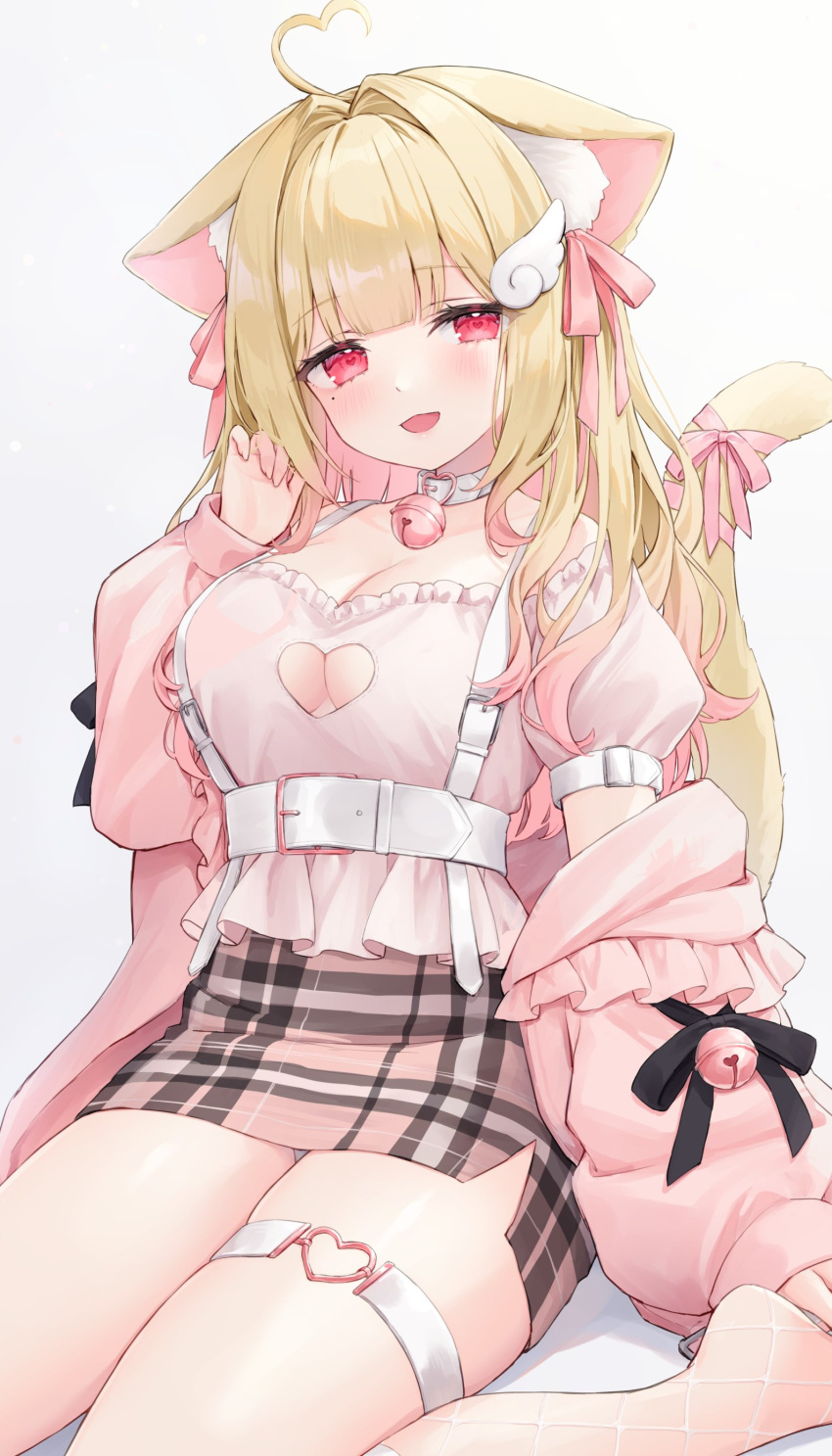 absurdres ahoge animal_ear_fluff animal_ears belt blonde_hair breasts cardigan cat_ears cat_girl cat_tail cleavage cleavage_cutout clothing_cutout commission female fishnet_socks fishnets hair_ornament hair_ribbon heart heart_ahoge highres jacket kemomimi_refle! long_hair looking_at_viewer multicolored_hair nekoma_karin off-shoulder_shirt off_shoulder open_mouth panties pantyshot pink_cardigan pink_hair pink_jacket pink_shirt plaid plaid_skirt puffy_sleeves red_eyes ribbon shano_hiyori shirt sitting skeb_commission skirt smile socks solo tail tail_ornament tail_ribbon underwear virtual_youtuber white_background white_panties wing_hair_ornament