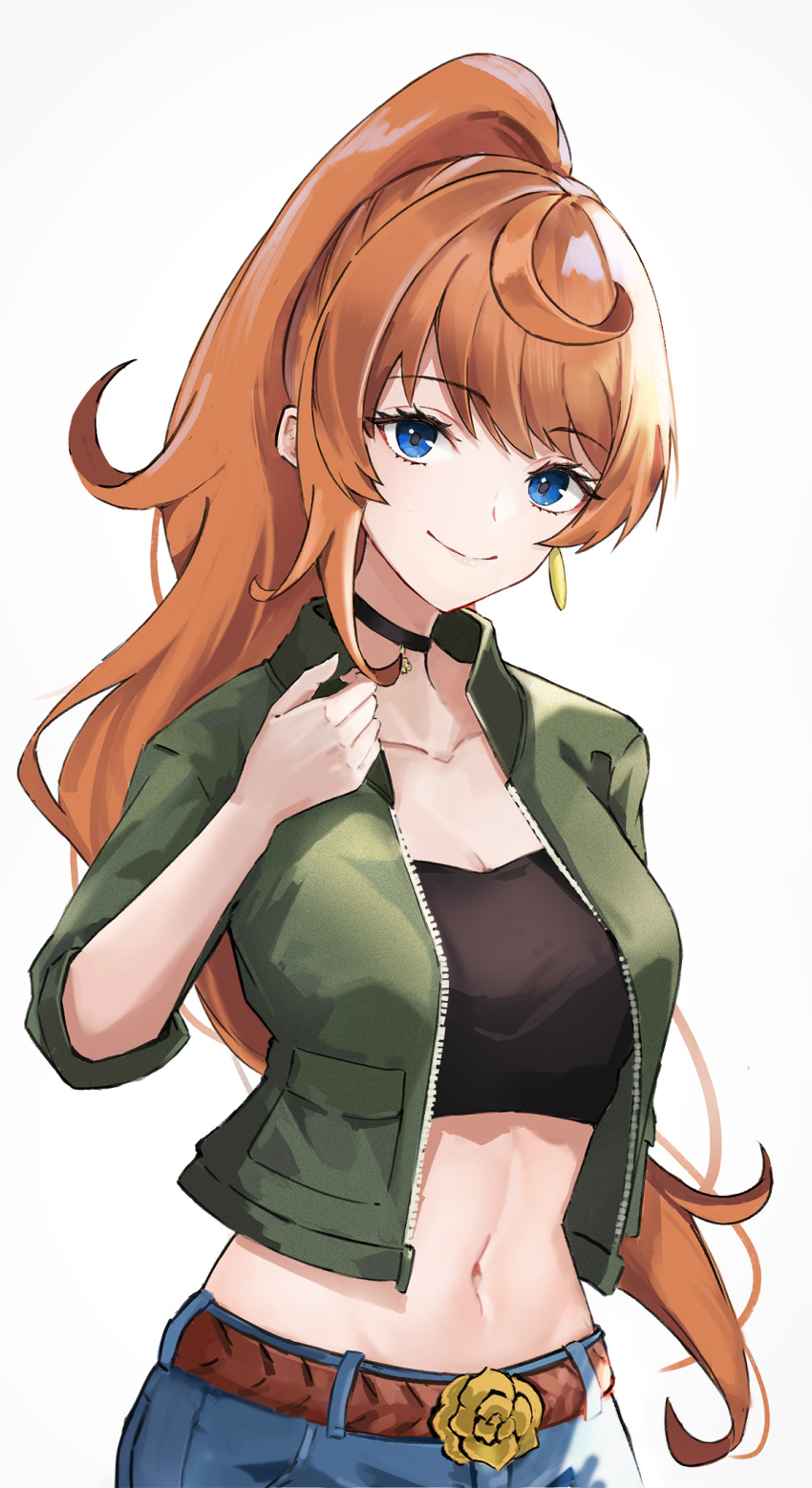 anna_schneider belt black_choker blue_eyes breasts brown_belt choker cleavage collarbone commentary_request crop_top ema_(kuguiema) female green_jacket grey_background highres jacket long_hair medium_breasts midriff navel open_clothes open_jacket orange_hair ponytail short_sleeves simple_background solo stomach strapless takt_op. tube_top upper_body very_long_hair