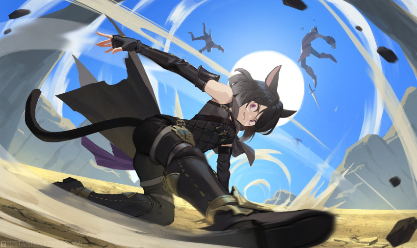 2boys animal_ears black_hair boots cat_ears cat_tail commentary commission desert dust elbow_gloves english_commentary fantasy female fingerless_gloves gloves gravel grin highres looking_at_viewer motion_blur multiple_boys original purple_eyes sleeveless smile sun sword tail tostantan weapon