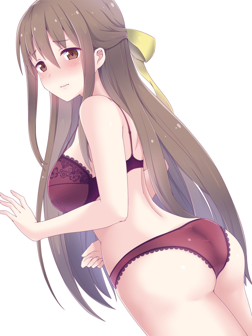 absurdres ass back blush bow bra breasts brown_eyes brown_hair closed_mouth commentary_request cowboy_shot dutch_angle female from_side hair_between_eyes hairbow highres himouto!_umaru-chan kongou_kanau koumei_(twinameless) lace-trimmed_bra lace-trimmed_panties lace_trim large_breasts long_hair looking_at_viewer looking_to_the_side panties red_bra red_panties simple_background solo standing underwear very_long_hair white_background yellow_bow