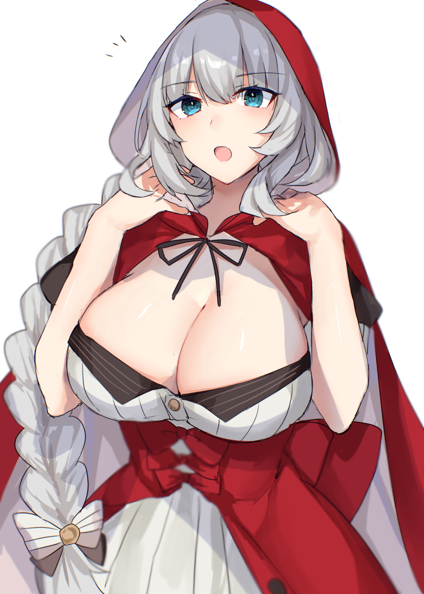 absurdres alternate_breast_size bad_id bad_pixiv_id black_ribbon blue_eyes bow braid braided_ponytail breasts buttons cleavage cloak dress fate/grand_order fate_(series) female grey_bow grey_hair hairbow hands_up highres hitomin_(ksws7544) hood hood_up hooded_cloak index_finger_raised large_breasts long_hair looking_at_viewer marie_antoinette_(fate) marie_antoinette_(festival_outfit)_(fate) neck_ribbon official_alternate_costume open_mouth parted_lips red_cloak red_hood ribbon short_sleeves simple_background single_braid very_long_hair white_background white_bow white_dress white_hair