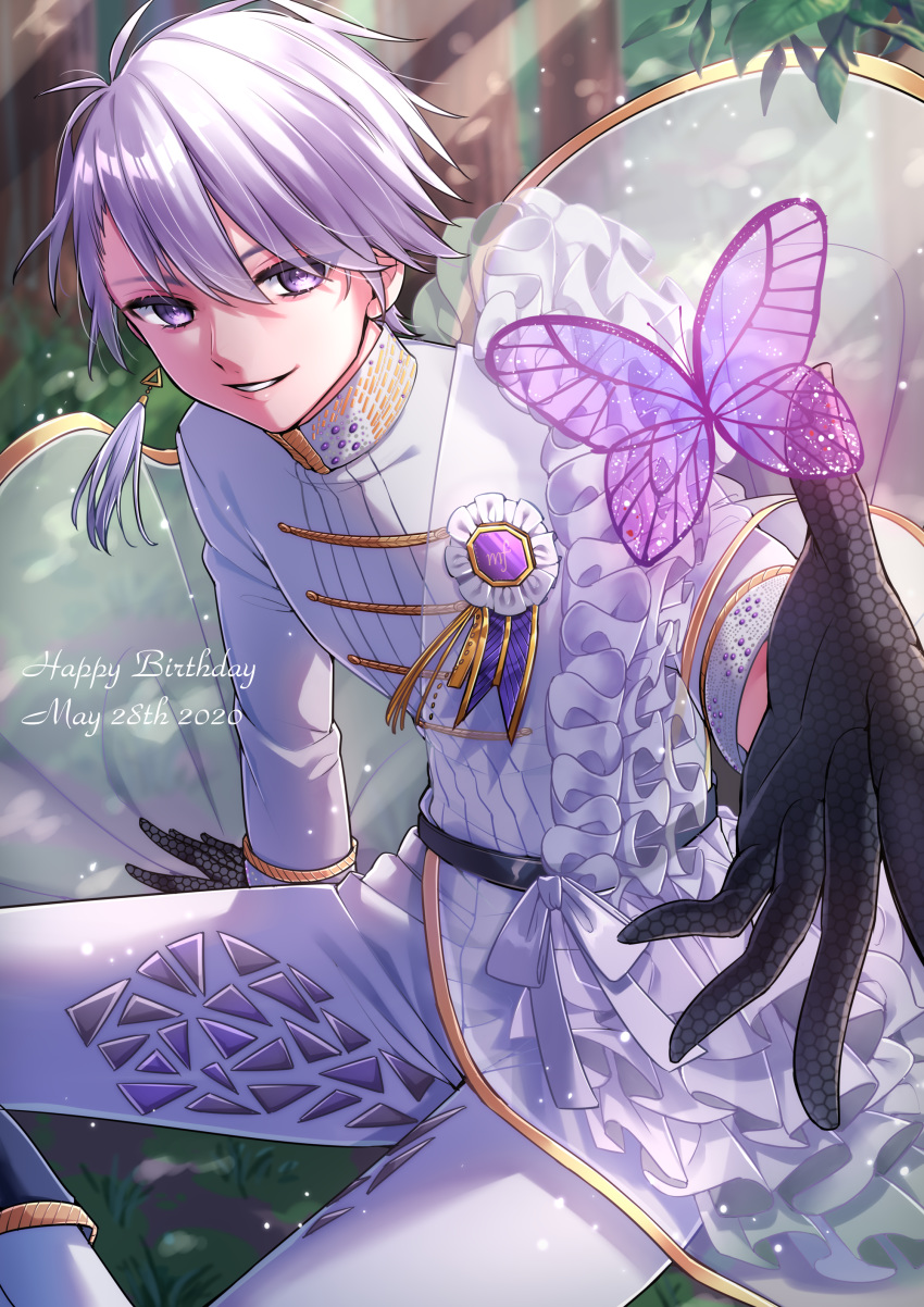 1boy absurdres belt black_gloves bug butterfly dated day gloves happy_birthday highres idolish7 ikurikaito looking_at_viewer male_focus osaka_sougo outdoors pants purple_butterfly purple_eyes sitting smile solo white_hair white_pants