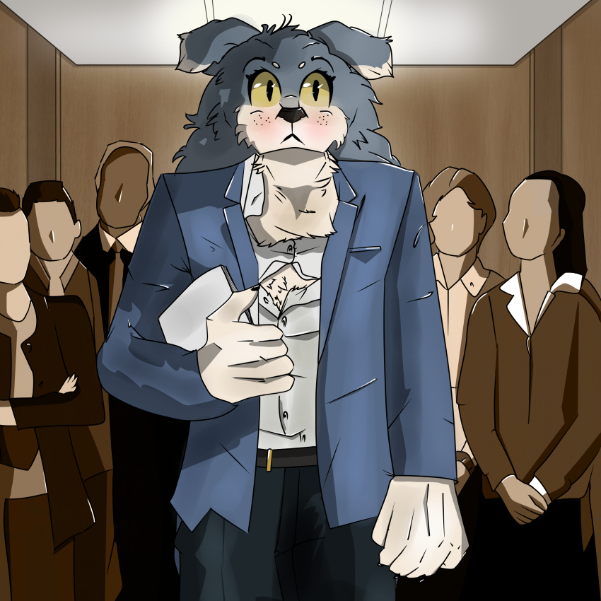 1:1 absurd_res anthro belt canid canine canis clothing elevator female fluffy group hi_res holding_object holding_paper human mammal mythological_canine mythological_creature mythology nervous paper str8aura-no-not-that-one suit torn_clothing torn_suit were werecanid werecanine werewolf wolf yellow_eyes