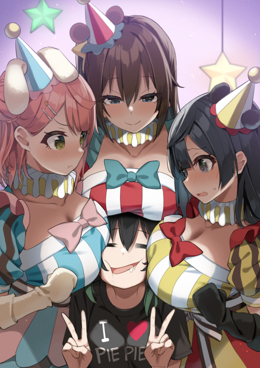 4girls =_= azuna_(love_live!) black_hair blue_eyes breasts brown_hair cleavage closed_eyes clothes_writing collarbone commentary double_v drooling embarrassed face_to_breasts female_pervert girl_sandwich gradient_hair grey_eyes grey_hair highres infinity!_our_wings!! large_breasts long_hair love_live! love_live!_nijigasaki_high_school_idol_club medium_hair multicolored_hair multiple_girls orange_hair osaka_shizuku pervert pout purple_background sandwiched sasanon_(sasapoliton) takasaki_yu uehara_ayumu upper_body v yellow_eyes yuki_setsuna_(love_live!) yuri