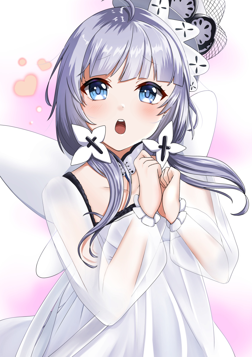 absurdres antenna_hair azur_lane blue_eyes blush choker dress female gradient_background grey_hair hat heart highres konparu_uran little_illustrious_(azur_lane) long_hair low_twintails mini_hat open_mouth see-through see-through_sleeves smile solo twintails white_dress white_hat