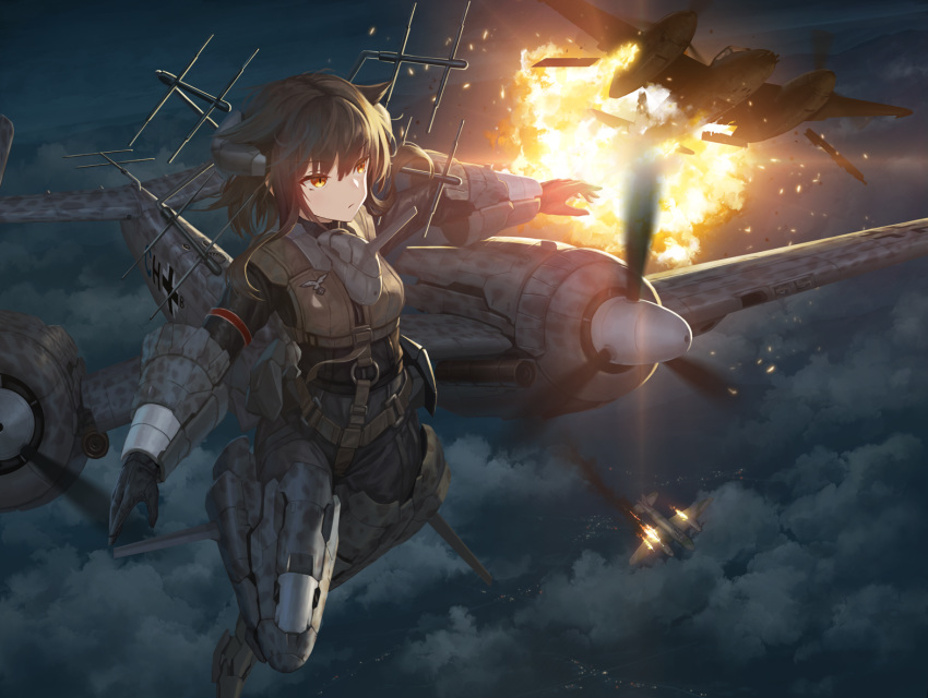 aircraft airplane balkenkreuz black_jumpsuit brown_hair burning closed_mouth cloud commentary cross de_havilland_mosquito explosion female flying he_219 headgear hirschgeweih_antennas jumpsuit luftwaffe machinery mecha_musume night night_sky orange_eyes original outdoors personification propeller short_hair sidelocks sky smoke_trail tom-neko_(zamudo_akiyuki) weapon wehrmacht