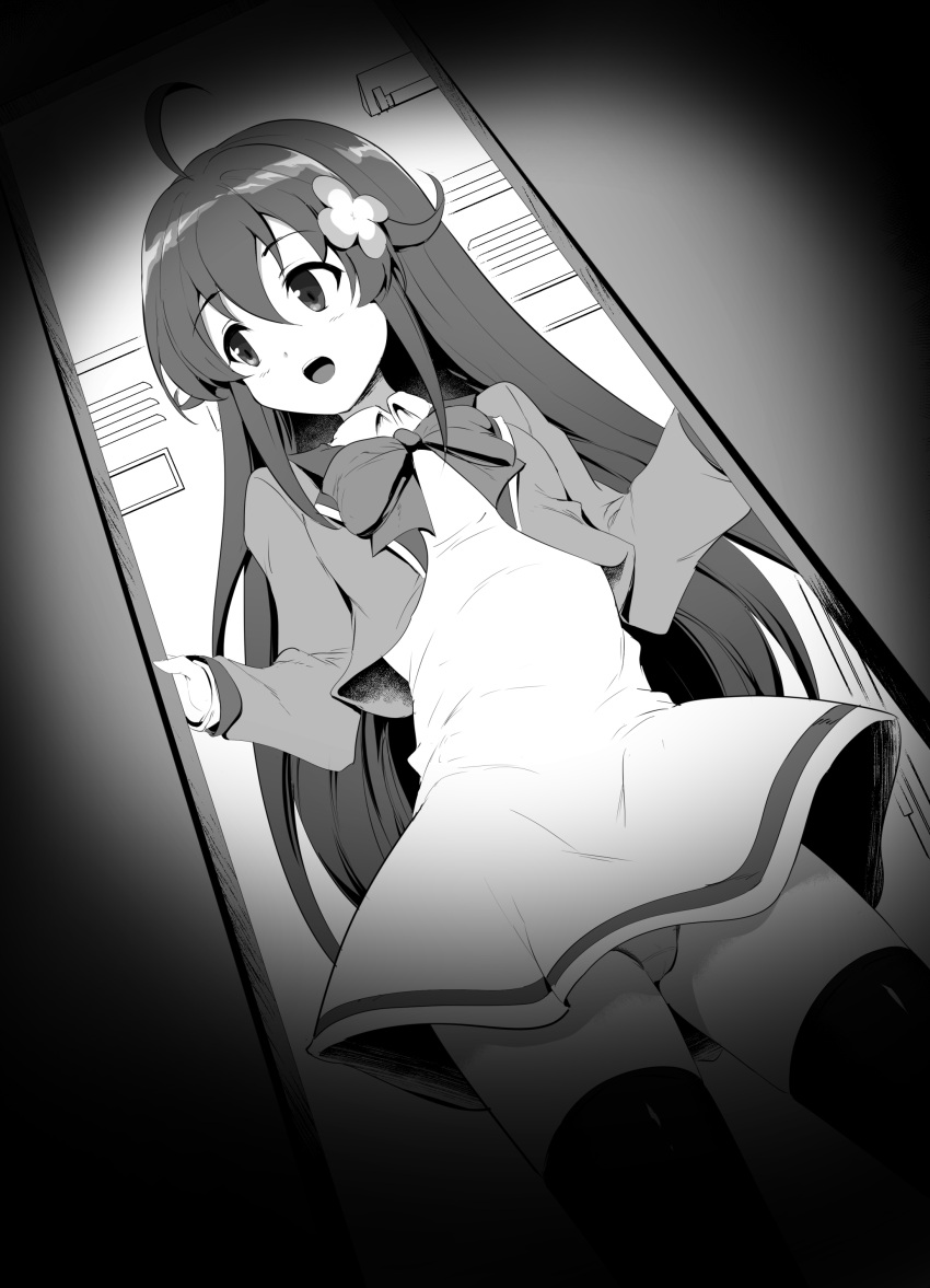 :d absurdres amamiya_mimori blush bow commentary_request dress dutch_angle female flower greyscale hair_between_eyes hair_flower hair_ornament highres jacket locker locker_room long_hair long_sleeves looking_away looking_to_the_side momio monochrome open_clothes open_jacket panties shadowverse shadowverse_(anime) sleeves_past_wrists smile solo thighhighs underwear very_long_hair