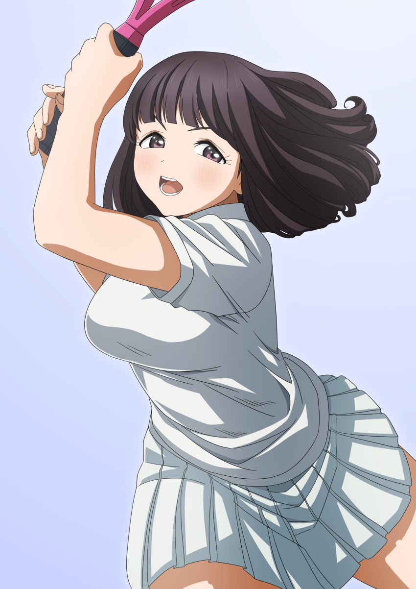 akebi-chan_no_serafuku blue_background blunt_bangs breasts brown_eyes brown_hair cowboy_shot female floating_hair highres large_breasts medium_hair open_mouth pleated_skirt racket shijou_riona shirt short_sleeves simple_background skirt solo sportswear tennis_racket tennis_uniform watasi white_shirt white_skirt