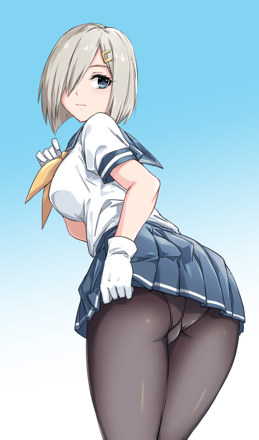 absurdres ass black_pantyhose blue_eyes blue_skirt breasts female fish.boy gloves grey_hair hair_ornament hair_over_one_eye hairclip hamakaze_(kancolle) highres kantai_collection large_breasts miniskirt neckerchief panties panties_under_pantyhose pantyhose pleated_skirt school_uniform serafuku short_hair skirt solo underwear white_gloves white_panties yellow_neckerchief