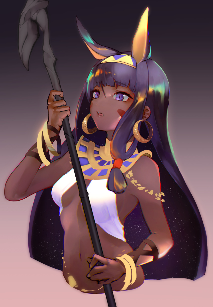 absurdres animal_ears bare_shoulders belly_chain bracelet breasts dark-skinned_female dark_skin earrings egyptian egyptian_clothes facepaint facial_mark fate/grand_order fate_(series) female gradient_background grey_background hair_tubes hairband halterneck highres hoop_earrings jackal_ears jewelry looking_at_viewer medium_breasts nitocris_(fate) open_mouth purple_eyes purple_hair sidelocks solo staff usekh_collar vantsuki