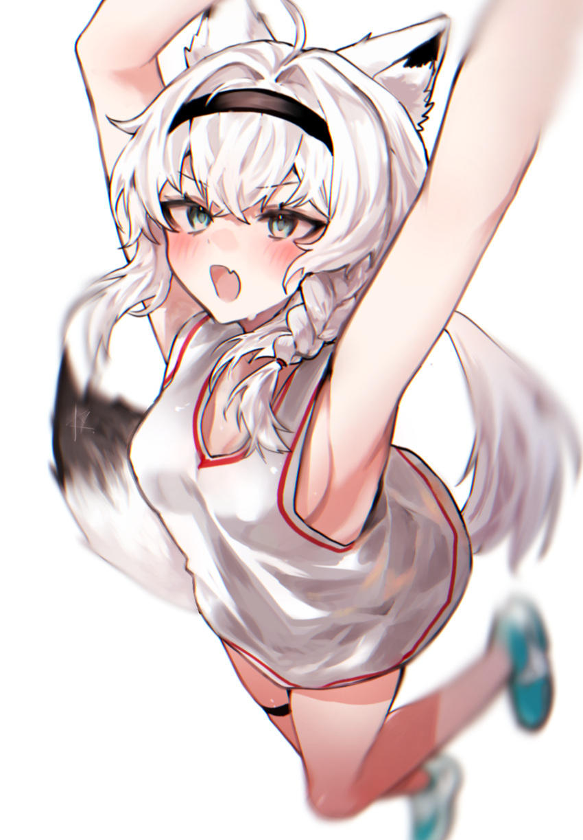 ahoge animal_ear_fluff animal_ears aqua_eyes armpits arms_up basketball_uniform black_hairband blue_footwear blurry blush braid breasts danbal depth_of_field female foreshortening fox_ears fox_girl fox_tail hairband highres hololive korean_commentary long_hair low_ponytail no_pants oerba_yun_fang open_mouth shirakami_fubuki side_braid sideboob skin_fang sleeveless small_breasts solo sportswear tail thigh_strap v-shaped_eyebrows virtual_youtuber white_hair