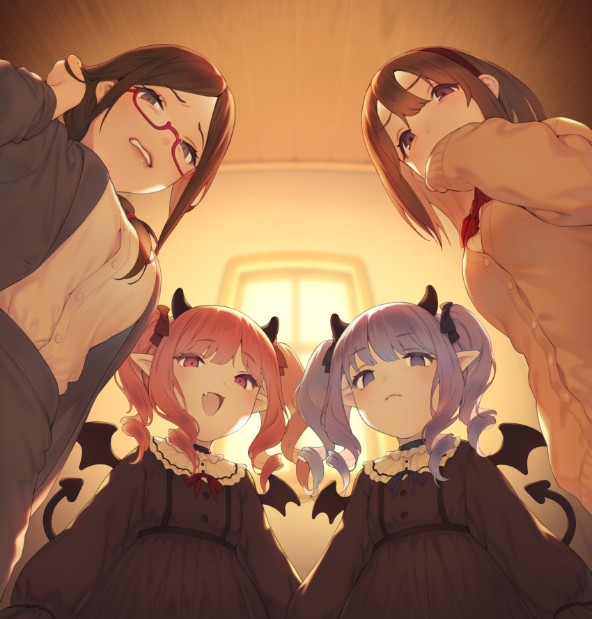 4girls :d black_hair breasts brown_hair cardigan clenched_teeth commentary_request disgust drill_hair empty_eyes glaring glasses highres horns indoors looking_at_viewer multiple_girls oerba_yun_fang office_lady open_mouth original pink_eyes pink_hair pokachu purple_eyes school_uniform smile tail teeth twintails wings