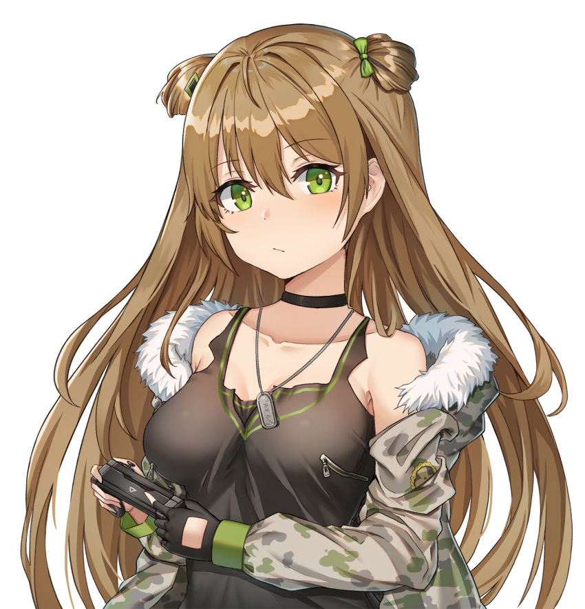 aer7o bad_id bad_pixiv_id bare_shoulders black_choker black_gloves black_shirt blush bow breasts brown_hair camouflage camouflage_coat chinese_commentary choker closed_mouth coat collarbone commentary double_bun female fur-trimmed_coat fur_trim girls'_frontline gloves green_bow green_eyes hair_bun hairbow highres holding jewelry long_hair long_sleeves looking_at_viewer medium_breasts necklace off_shoulder open_clothes open_coat rfb_(girls'_frontline) shirt single_glove solo underwear very_long_hair