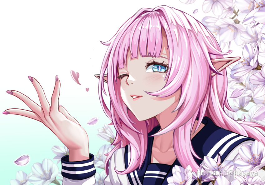 bangs elf elysia_(honkai_impact) female flower grin hasaya heart honkai_(series) honkai_impact_3rd lips long_hair long_sleeves looking_at_viewer nail_polish one_eye_closed open_mouth petals pink_flower pink_hair pink_nails pointy_ears school_uniform serafuku shirt smile solo teeth white_shirt