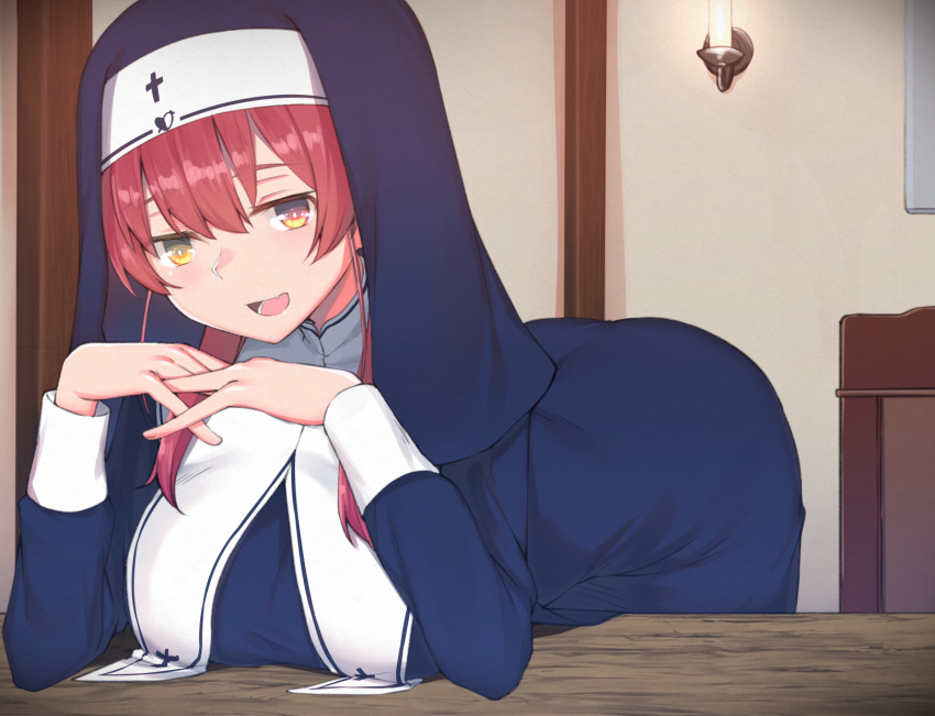 :d alternate_costume blush breasts commentary female habit heterochromia highres hololive houshou_marine houshou_marine_(nun) kaname_(melaninusa09) large_breasts long_hair looking_at_viewer nun red_eyes red_hair smile traditional_nun virtual_youtuber yellow_eyes