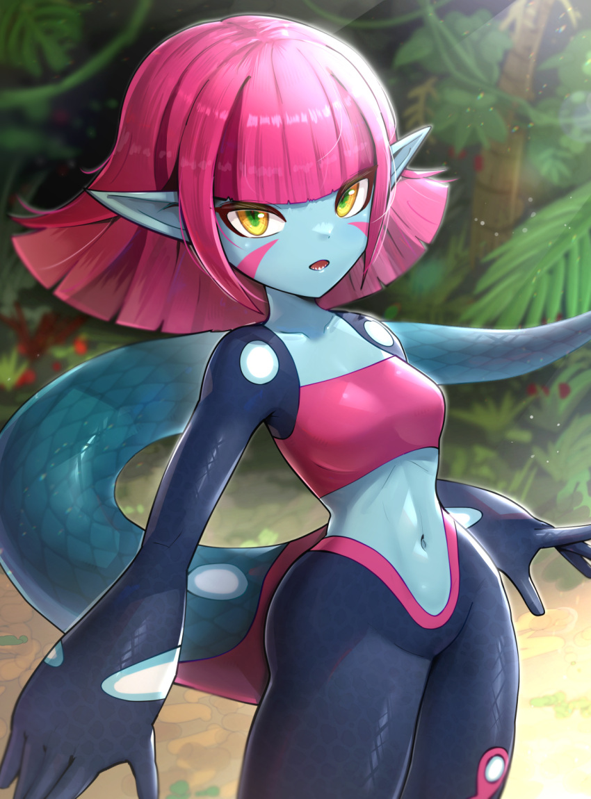 blue_skin breasts colored_skin commentary duna_(fossil_fighters) fangs female fossil_fighters gonzarez highres jungle monster_girl nature navel open_mouth pink_hair pointy_ears sharp_teeth short_hair small_breasts solo tail teeth