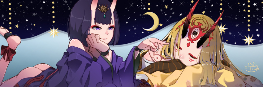 2girls ankle_ribbon ass bare_shoulders barefoot_sandals_(jewelry) blonde_hair bob_cut crescent_moon eyeliner facial_mark fate/grand_order fate_(series) forehead_mark hand_on_own_cheek hand_on_own_face headpiece horns ibaraki_douji_(fate) japanese_clothes kimono leg_ribbon long_hair lying makeup moon multiple_girls on_stomach oni open_clothes open_kimono pointing pointing_at_another purple_eyes purple_hair purple_kimono revealing_clothes ribbon short_eyebrows short_hair shuten_douji_(fate) signature skin-covered_horns sleeping smile starry_background tattoo terasako waves wristband yellow_kimono