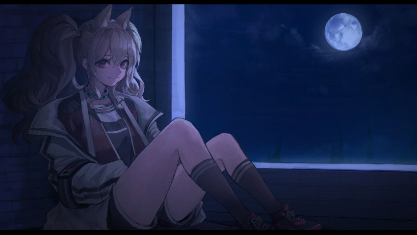 against_wall angelina_(arknights) animal_ear_fluff animal_ears arknights black_footwear black_shirt black_shorts black_socks breasts closed_mouth coat collar female fox_ears full_moon hair_between_eyes highres indoors infection_monitor_(arknights) jacket kneehighs knees_up long_hair long_sleeves looking_at_viewer moon night night_sky on_floor open_clothes open_coat open_jacket red_eyes red_jacket shirt shoes shorts sky smile sneakers socks solo thighs twintails white_coat window yogu_(user_rxdx2445)