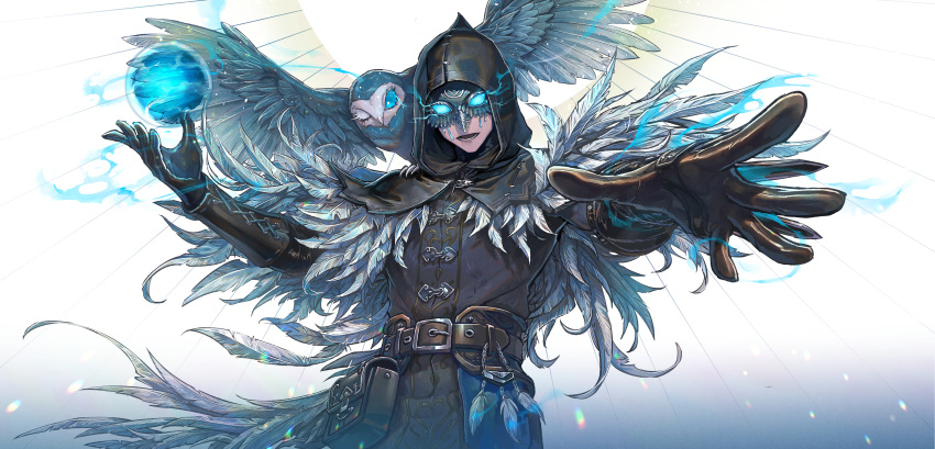 1boy absurdres animal animal_on_shoulder arm_guards ball belt belt_pouch bird bird_mask bird_on_shoulder black_capelet black_coat black_gloves blue_background blue_sclera cape capelet chains coat colored_sclera commentary_request cowboy_shot eli_clark eli_clark_(night_owl) facing_viewer feathers gloves glowing glowing_eyes gradient_background highres hollow_eyes hood hood_up hooded_capelet identity_v jewelry light_trail magic male_focus mask one_eye_closed open_mouth outstretched_arms owl pouch reaching reaching_towards_viewer tori_shiru white_background