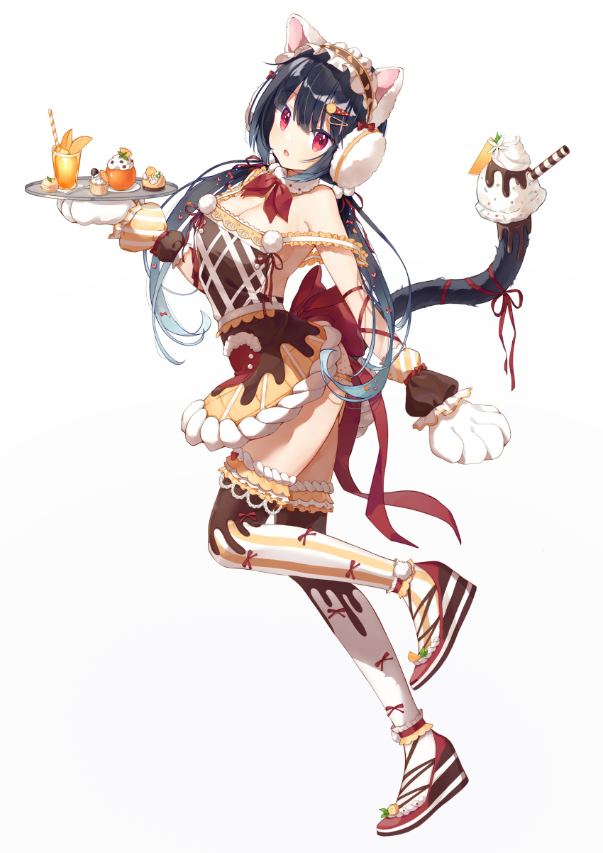 :o absurdres acco_(sh_in) animal_ears animal_hands black_hair blue_hair breasts brown_thighhighs cat_ears cat_girl cat_paws cat_tail cleavage cup drink female food fruit fruits_fulcute! full_body gradient_hair hair_ornament hairclip hand_up highres holding holding_plate ice_cream leg_up long_hair looking_at_viewer maid_headdress multicolored_hair orange_(fruit) orange_(fruits_fulcute!) orange_slice parted_lips plate red_eyes red_ribbon ribbon simple_background solo sweets tail tail_ornament tail_raised tail_ribbon thighhighs white_background white_thighhighs