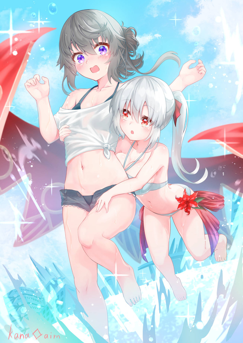 2girls :o artist_name barefoot bikini bikini_under_clothes black_bikini blue_sky blush breast_press breasts building cleavage cloud collarbone commentary_request day denim denim_shorts flat_chest flat_chest_grab floating flower full_body grabbing grey_hair groin hair_between_eyes hair_ribbon halterneck hand_on_another's_thigh highres kana_ami large_breasts lens_flare long_hair looking_at_another micro_shorts midriff multiple_girls navel off-shoulder_shirt off_shoulder open_fly open_mouth oppai_loli original outdoors ponytail purple_eyes red_eyes red_ribbon red_shawl ribbon see-through shawl shirt short_sleeves shorts sidelocks sky sparkle splashing swimsuit tied_hair tied_shirt typo water water_drop wet wet_clothes wet_shirt white_bikini white_hair yuri