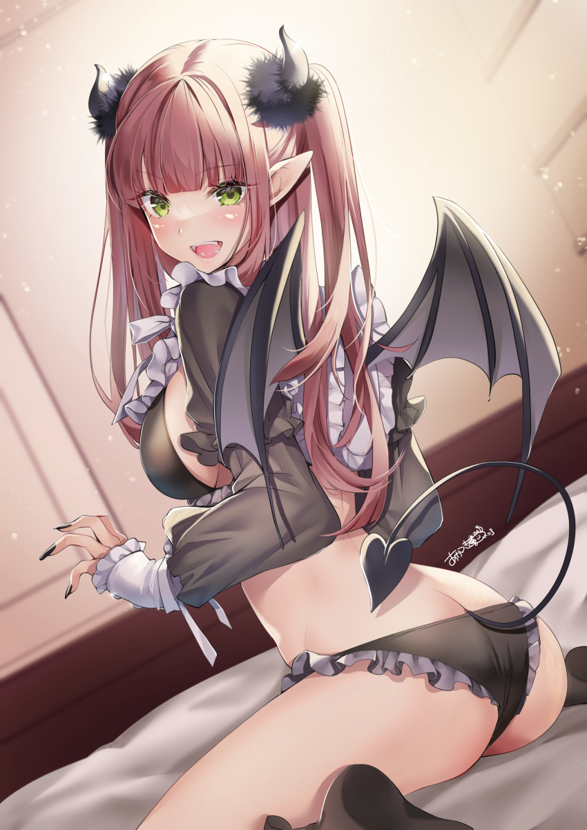 :d akatsuki_hijiri ass backlighting black_nails black_panties black_socks blunt_bangs blush breasts commentary_request cosplay demon_girl demon_horns demon_tail demon_wings dutch_angle fangs female fingernails frilled_panties frills from_behind green_eyes highres horns indoors kitagawa_marin large_breasts long_fingernails long_hair long_sleeves looking_at_viewer looking_back nail_polish no_shoes on_bed open_mouth panties pointy_ears red_hair rizu-kyun rizu-kyun_(cosplay) sideboob signature sitting sleeves_past_wrists smile socks solo sono_bisque_doll_wa_koi_wo_suru tail two_side_up underwear wariza wings wings_through_clothes