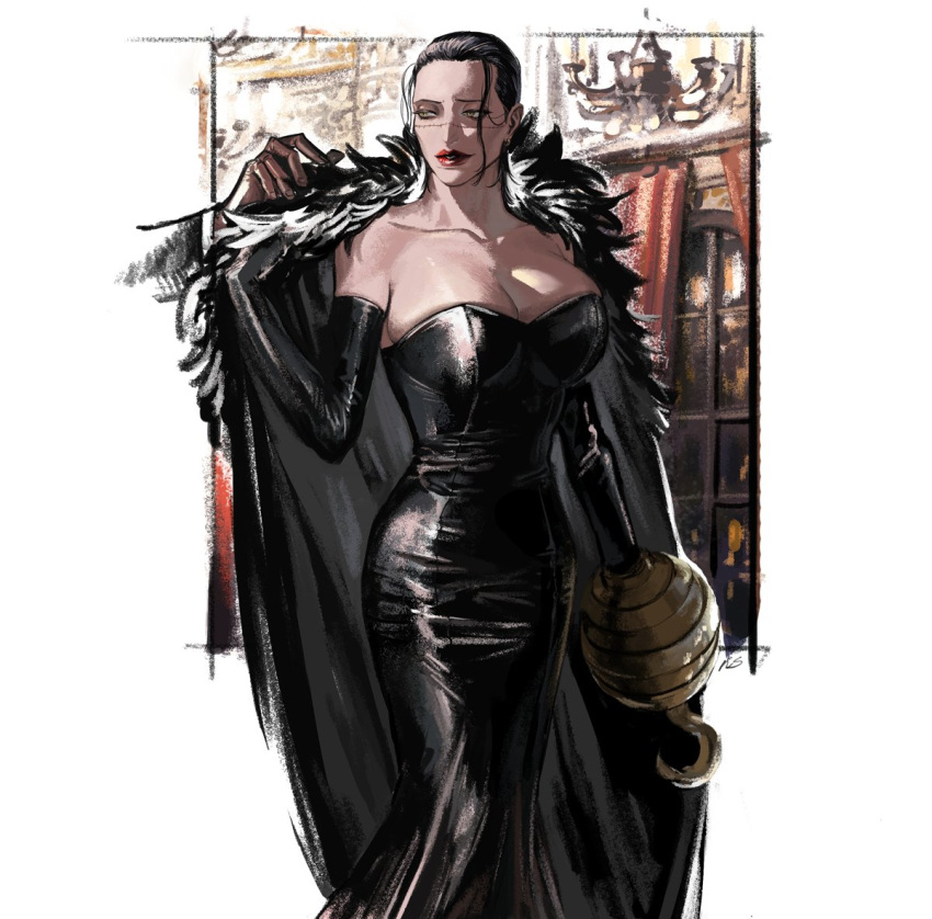 black_dress black_hair breasts cape cleavage collarbone crocodile_(one_piece) dress elbow_gloves eyeshadow female forehead fur_cape genderswap_(mtf) gloves gown green_eyes hook_hand large_breasts leather leather_gloves makeup nisir0 one_piece rule_63 scar scar_on_face scar_on_nose short_hair solo_focus strapless strapless_dress