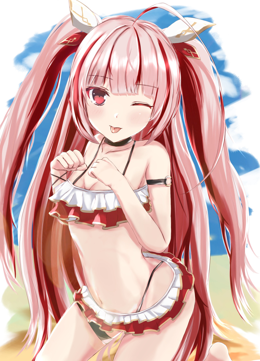 absurdres ahoge arm_strap azur_lane bare_arms bare_shoulders bikini blush breasts choker closed_mouth collarbone commentary female frilled_bikini frills hands_up highres huge_ahoge long_hair o-ring official_alternate_costume one_eye_closed red_bikini red_eyes red_hair sand small_breasts solo swimsuit thigh_strap tongue tongue_out two_side_up umidemi vauquelin_(azur_lane) vauquelin_(innocent_summer_knight)_(azur_lane) very_long_hair