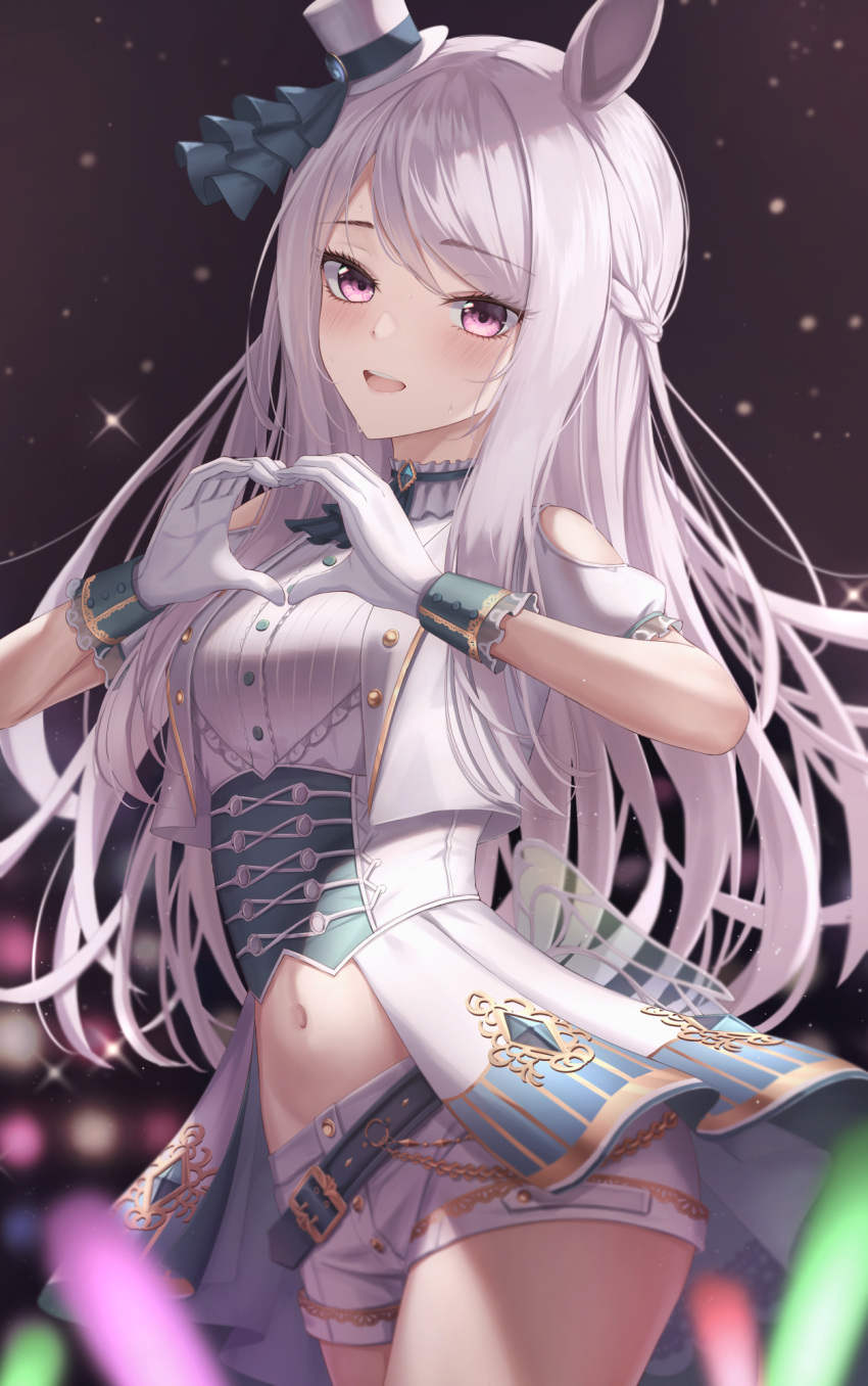 animal_ears belt clothing_cutout cowboy_shot crop_top cropped_jacket female gloves heart heart_hands highres horse_ears horse_girl jacket light_purple_hair long_hair looking_at_viewer marinesnow mejiro_mcqueen_(end_of_sky)_(umamusume) mejiro_mcqueen_(umamusume) navel official_alternate_costume open_clothes open_jacket purple_eyes shirt short_shorts short_sleeves shorts shoulder_cutout solo standing stomach umamusume underbust white_gloves white_hair white_jacket white_shirt white_shorts