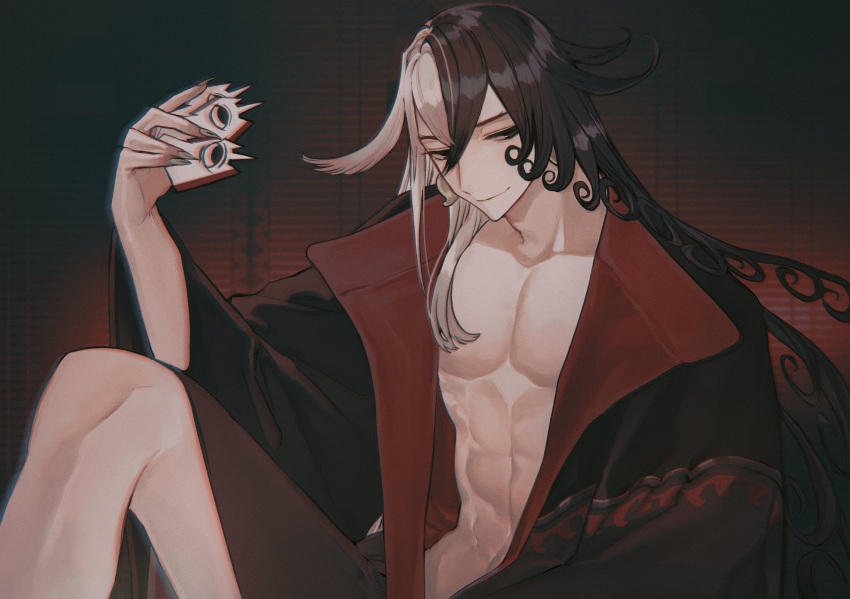 1boy abs albino_(a1b1n0623) ashiya_douman_(fate) asymmetrical_hair bad_id bad_twitter_id bare_pectorals black_eyes black_hair earrings exposed_muscle fate/grand_order fate_(series) fingernails highres holding japanese_clothes jewelry looking_to_the_side magatama magatama_earrings male_focus multicolored_hair pectorals sharp_fingernails shikigami sitting smile split-color_hair toned toned_male white_hair