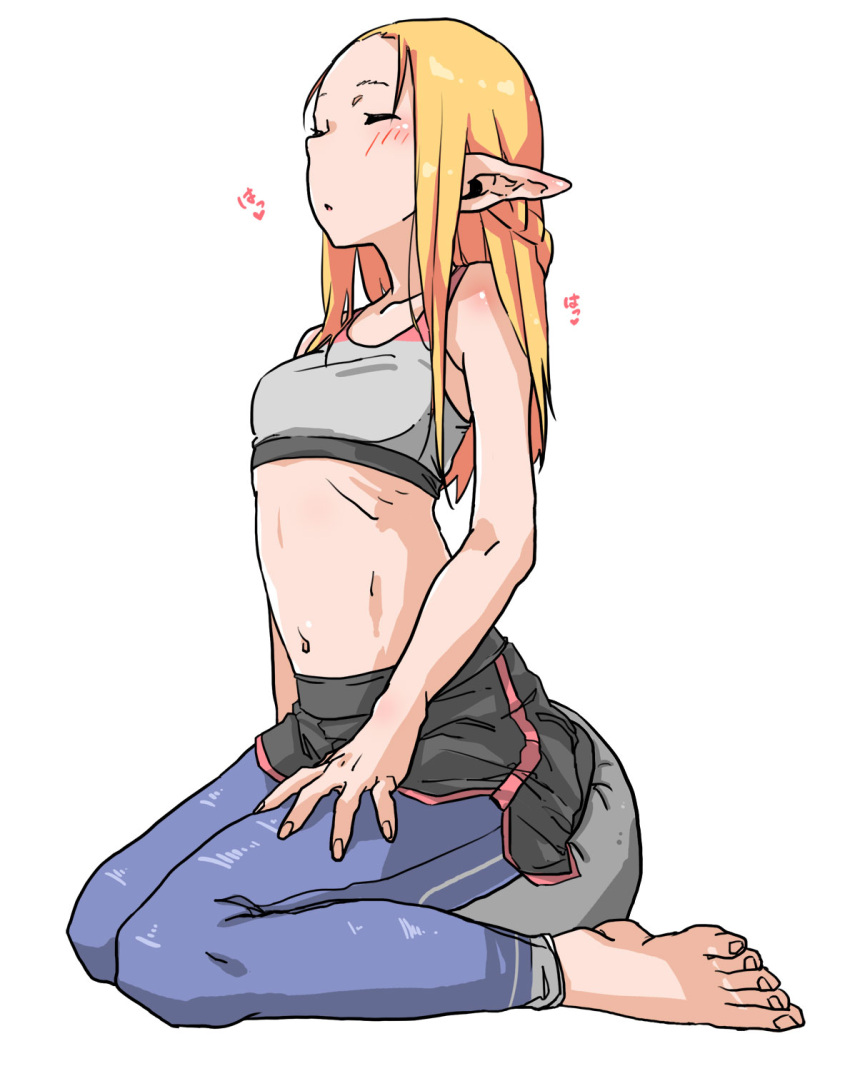 bad_id bad_twitter_id barefoot black_shorts blonde_hair blue_leggings blush braid chiwa_(fcwv5738) closed_eyes clothed_masturbation commentary_request crown_braid dildo_reveal dolphin_shorts elf female female_masturbation flat_chest forehead full_body grey_sports_bra highres leggings long_hair masturbation midriff original petite pillow pointy_ears ribs shorts sitting solo sports_bra stealth_masturbation toes wariza