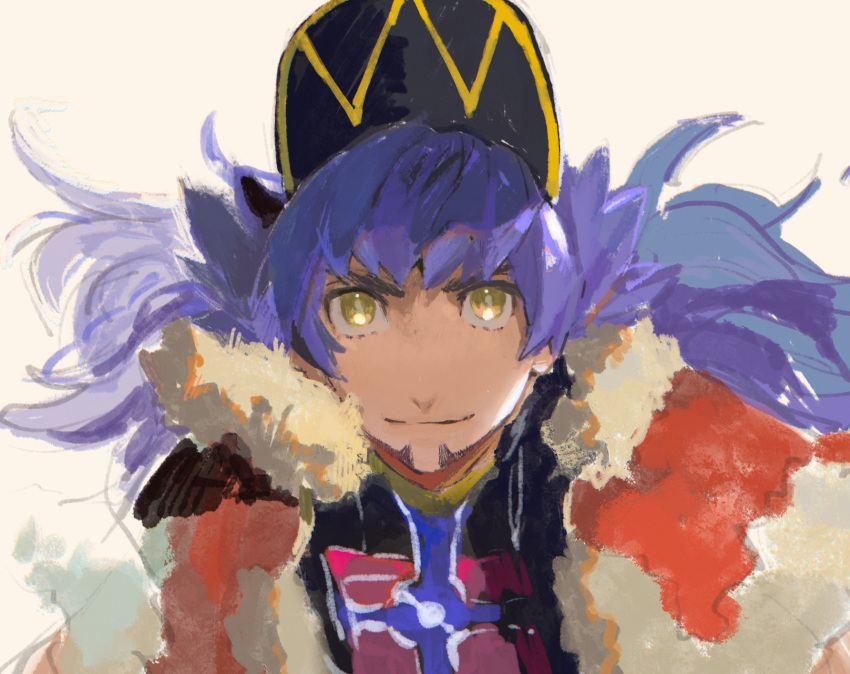 1boy baseball_cap cape champion_uniform closed_mouth commentary_request dark-skinned_male dark_skin facial_hair floating_hair fur-trimmed_cape fur_trim hat highres leon_(pokemon) long_hair looking_at_viewer male_focus pokemon pokemon_swsh purple_hair red_cape shirt smile solo yellow_eyes zukki_(suzukio)