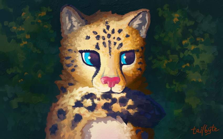 16:10 2022 ambiguous_gender bite cheetah detailed digital_media_(artwork) digital_painting_(artwork) felid feline feral forest forest_background fur hi_res looking_away mammal markings nature nature_background outside pink_nose plant portrait self_bite semi-realistic shaded shaded_background shy signature sitting solo spots spotted_markings tail tail_bite tail_in_mouth tail_markings tail_tuft tailbyte tree tuft widescreen