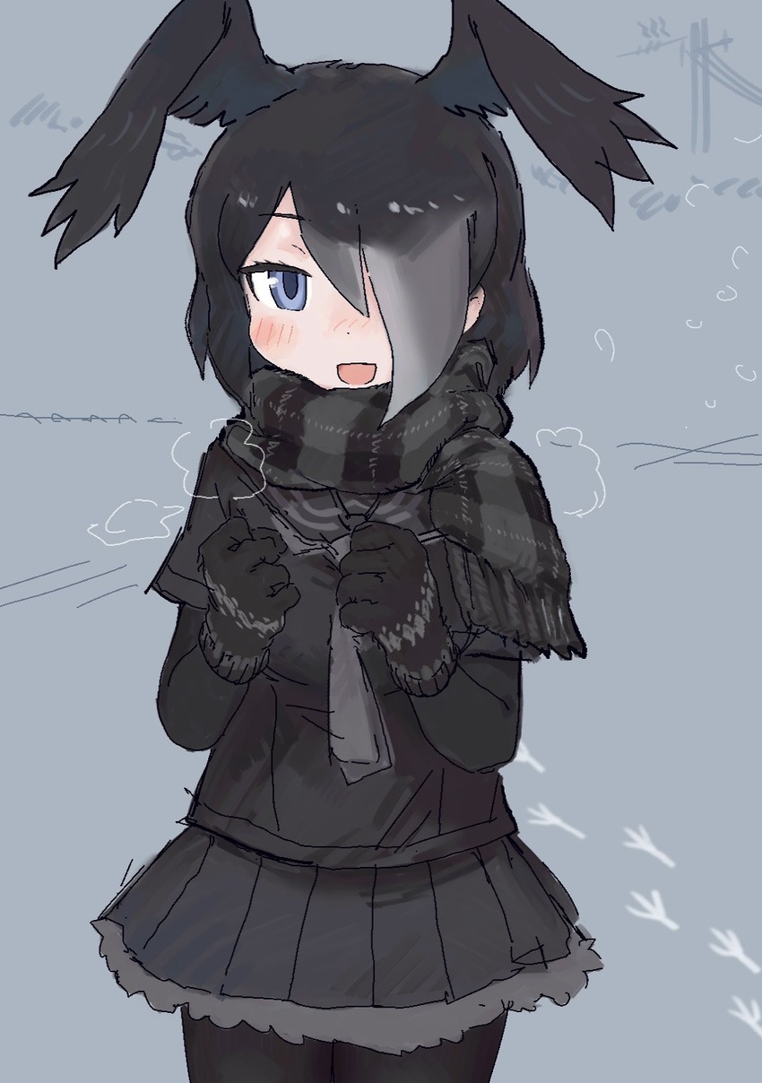 adapted_costume bird_girl bird_wings black_gloves black_hair black_pantyhose black_scarf black_shirt black_skirt blue_eyes breath commentary_request elbow_gloves female fur_trim gloves grey_fur grey_hair grey_necktie hair_over_one_eye head_wings highres jungle_crow_(kemono_friends) kemono_friends multicolored_hair necktie pantyhose plaid plaid_scarf pleated_skirt protected_link sailor_collar scarf shirt short_sleeves skirt solo toxicnyannyan wings winter winter_clothes